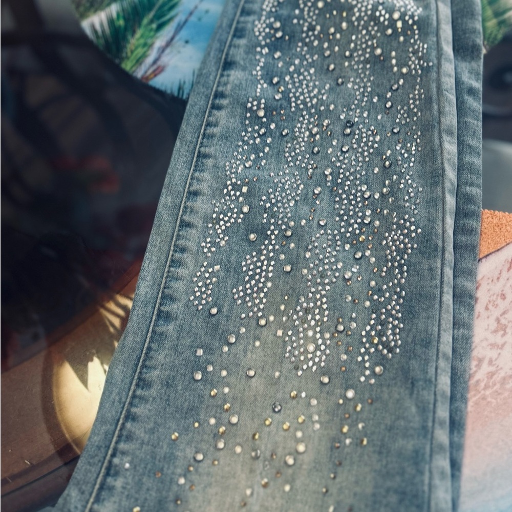 Embellished Denim Skinny Jeans studded down the legs   Nice!